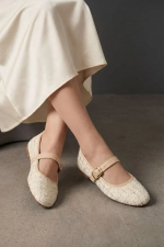 Women Beige Tweed Fabric Mary Jane Flats Fashion Buckle Comfortable Shoes Photograph-8